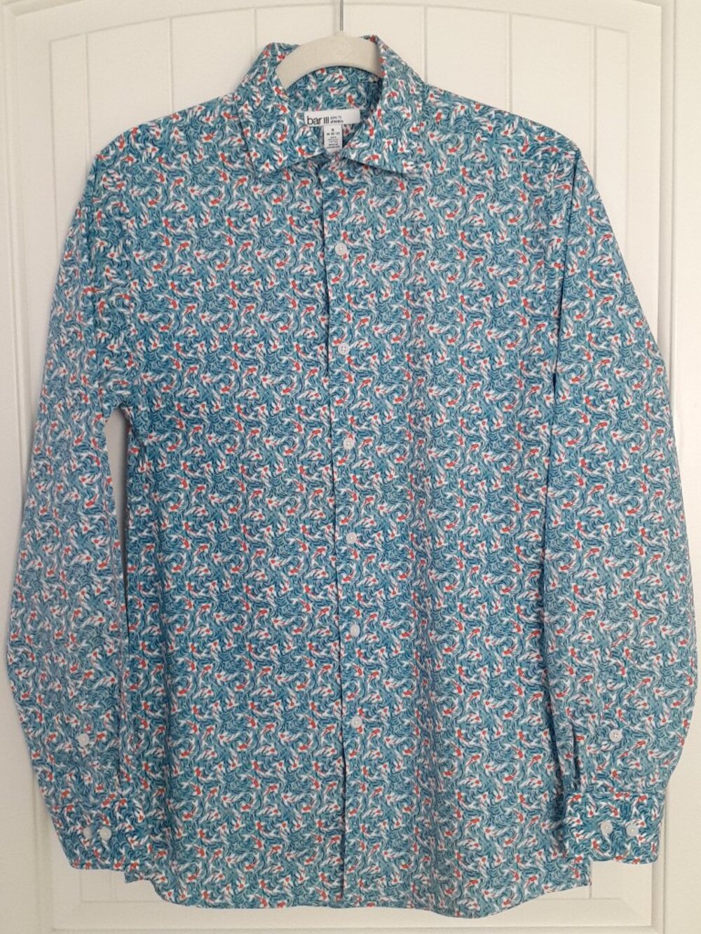 Bar III Koi Fish Slim Fit Organic Cotton Long Sleeve Button Up Shirt Blue Size S